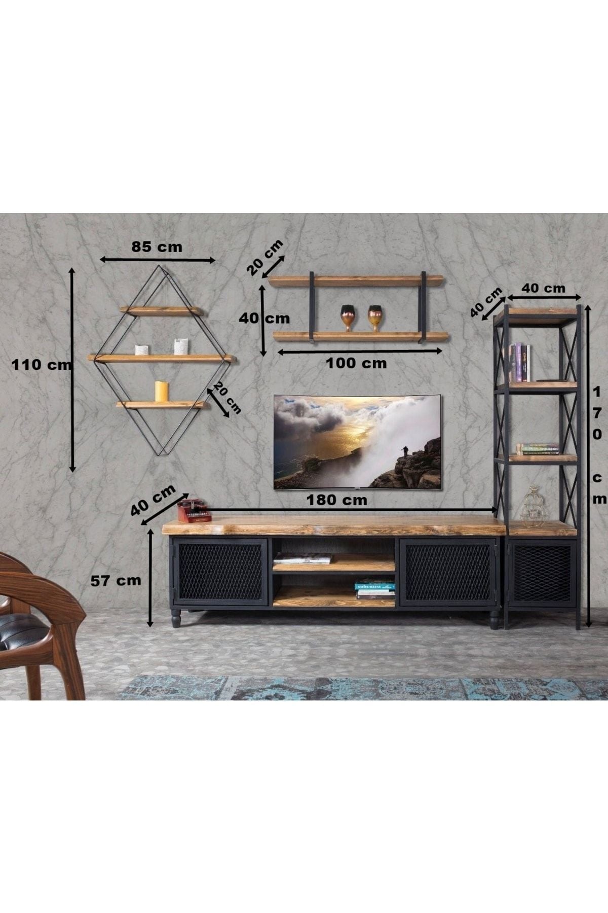 Stark 4-teiliges TV-Möbel, natürliches Fichtenholz