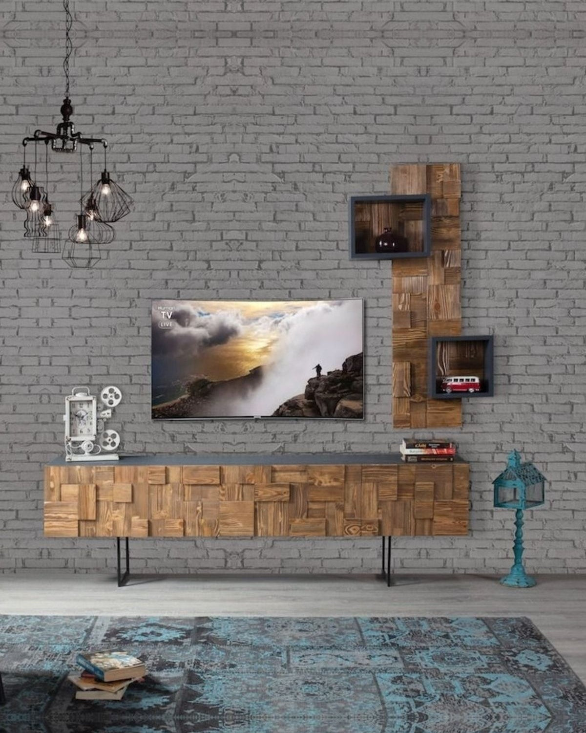 Puzzle 2 Parçalı Tv Ünitesi Doğal Ladin Ahşap