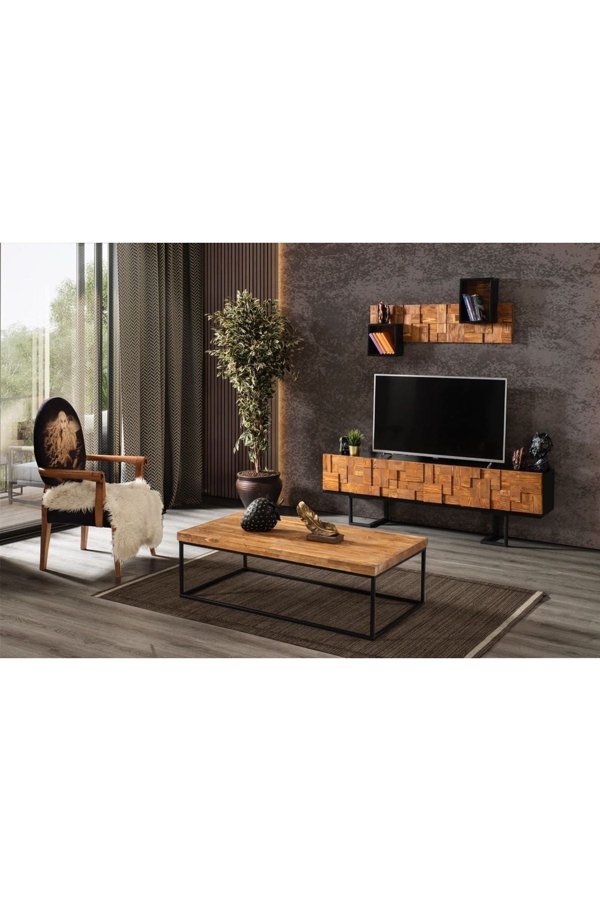 Puzzle 2 Parçalı Tv Ünitesi Doğal Ladin Ahşap