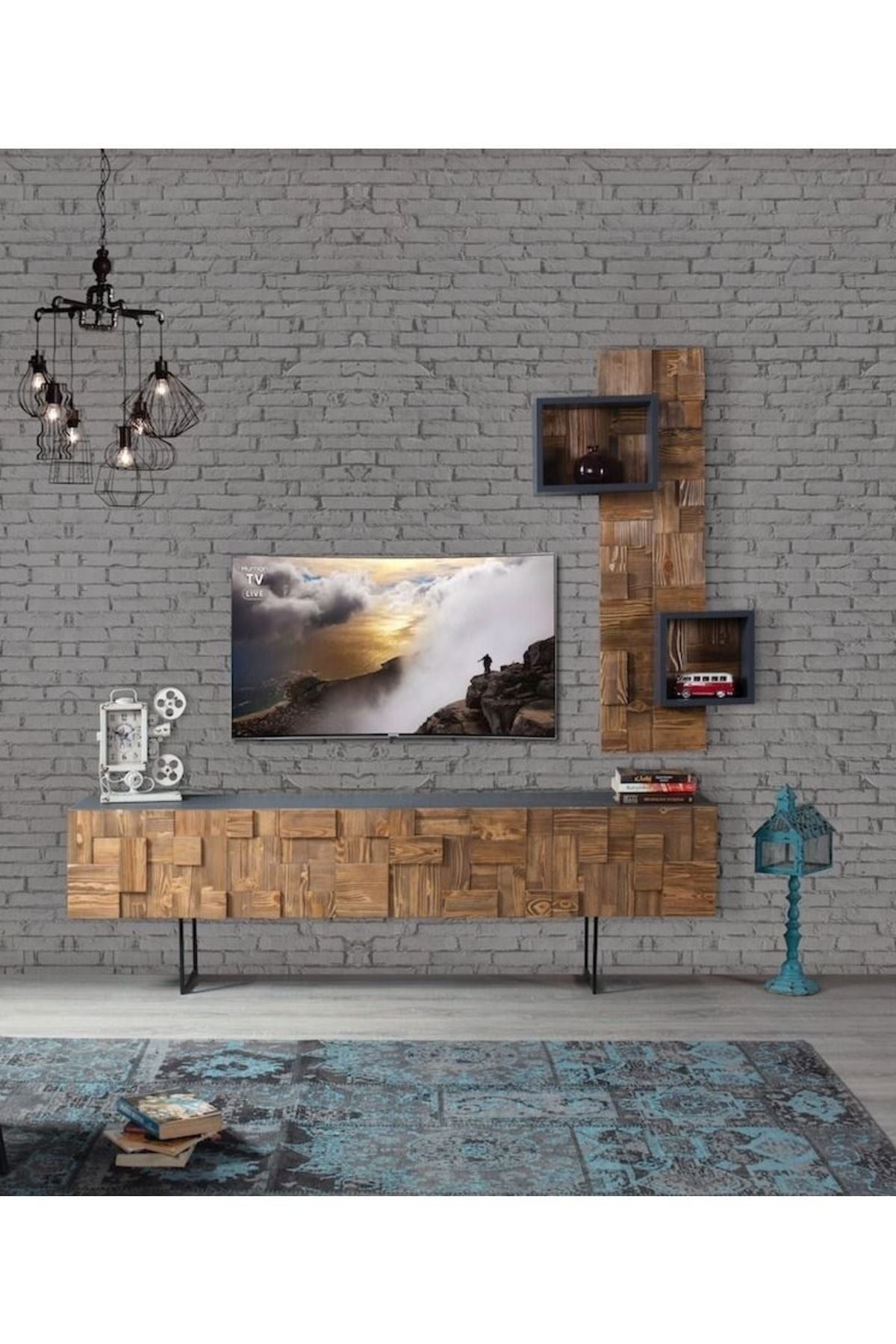 Puzzle 2 Parçalı Tv Ünitesi Doğal Ladin Ahşap