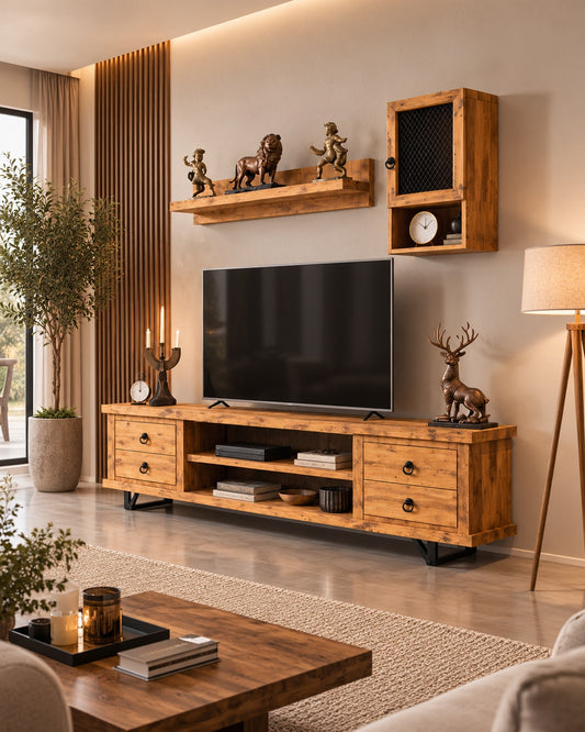 Pronto 3 Parçalı Tv Ünitesi Doğal Ladin Ahşap