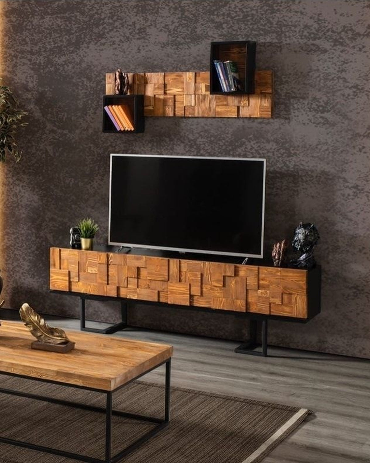 Puzzle 2 Parçalı Tv Ünitesi Doğal Ladin Ahşap